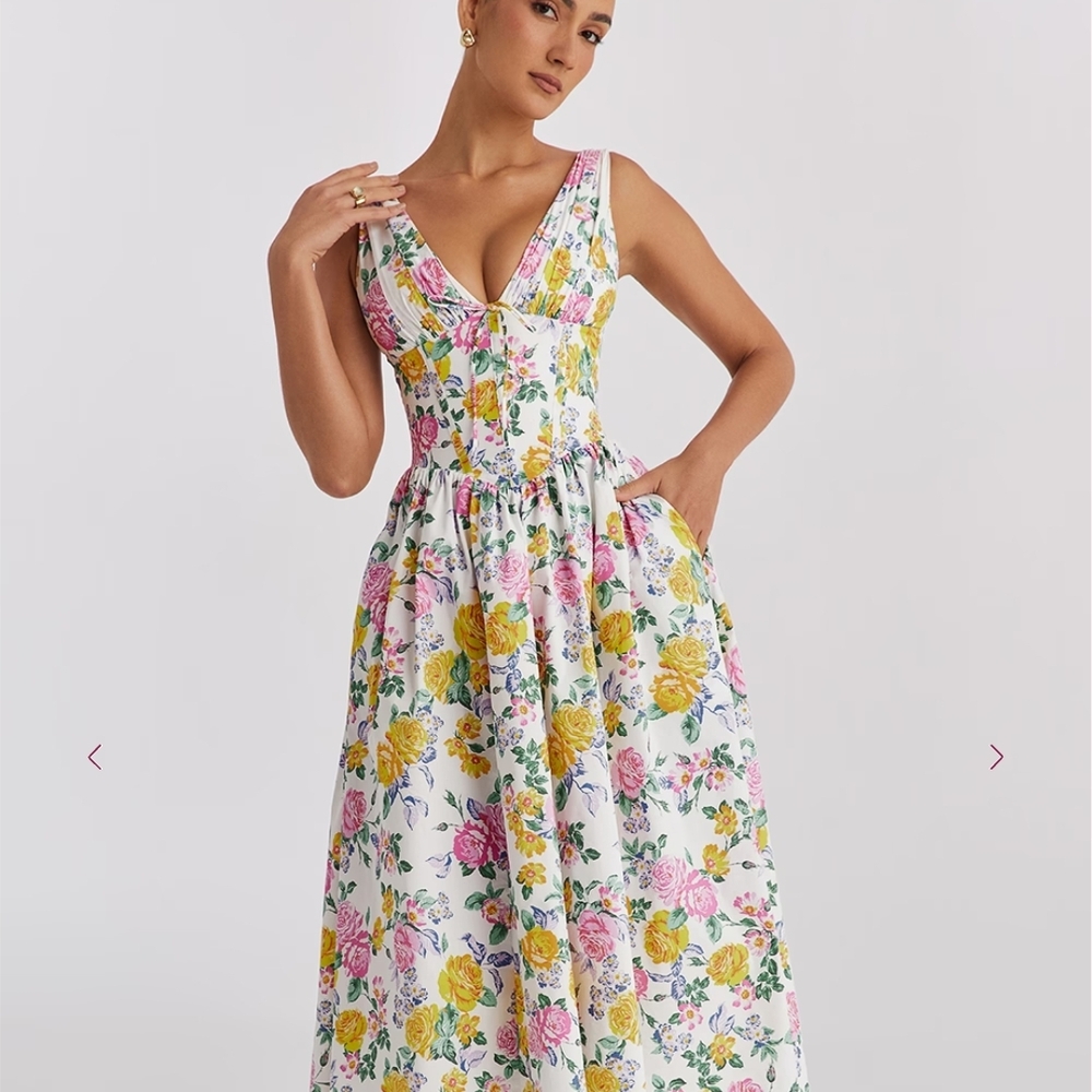 House Of CB Emmelina White vintage rose print cotton corset sundress